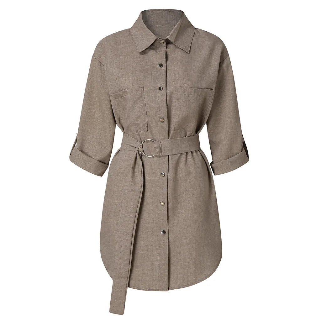 Early Autum Long Sleeve Mini Dress With Belt Casual Office Lady Plain Color Shirt Dress Single Breasted Blouse Tops Blusas