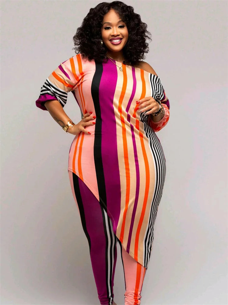 Two piece Striped Top Irregular Hem and Leggings Plus Size