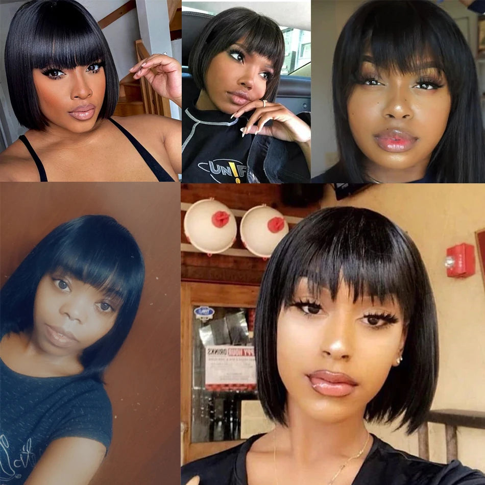 Straight Human Hair Wigs with Bangs