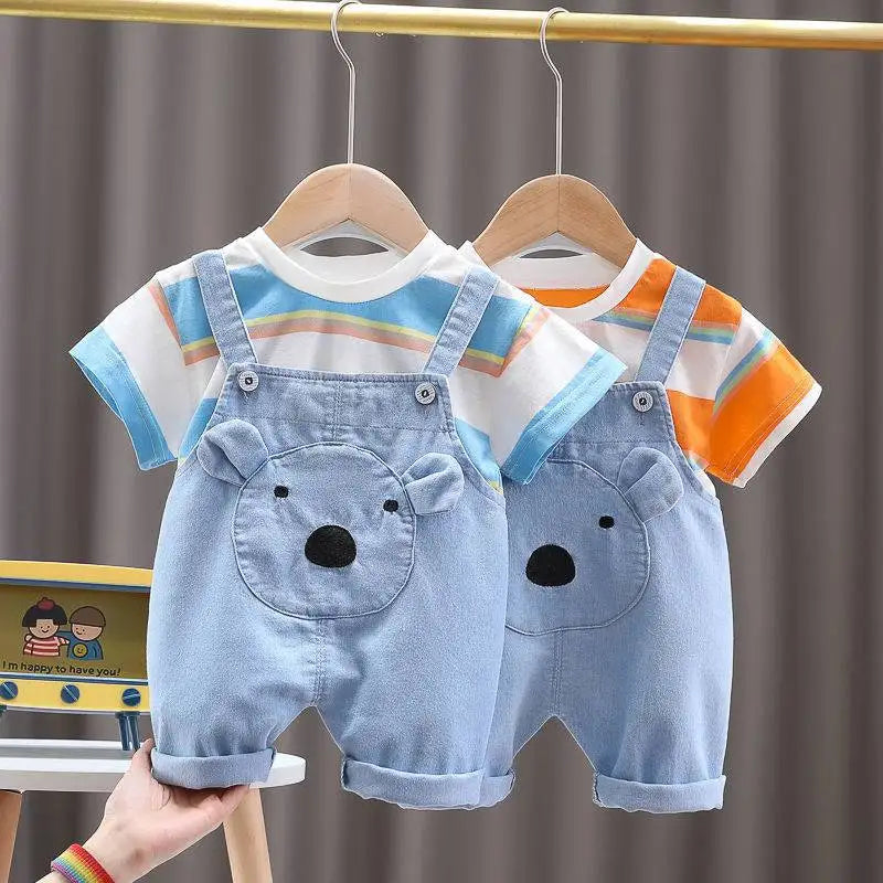 Quality Summer Baby boys Clothes Sets toddlers Children's Denim Overalls + Short T-Shirt Cute