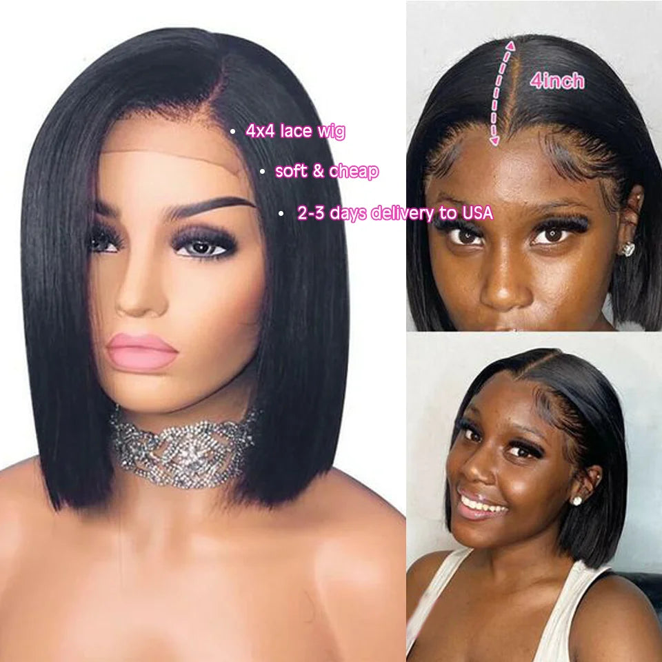 13X4 Glue-less Straight Short Bob Human Hair Wigs