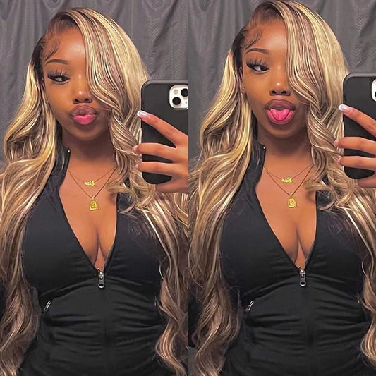 30-32 Inch Highlight Human Hair Honey Blonde Body Wave Lace Front Wig