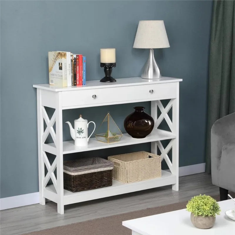 SMILE MART 3-Tier X-Design Wood Console Table with Storage Drawer, （White/Black）optional