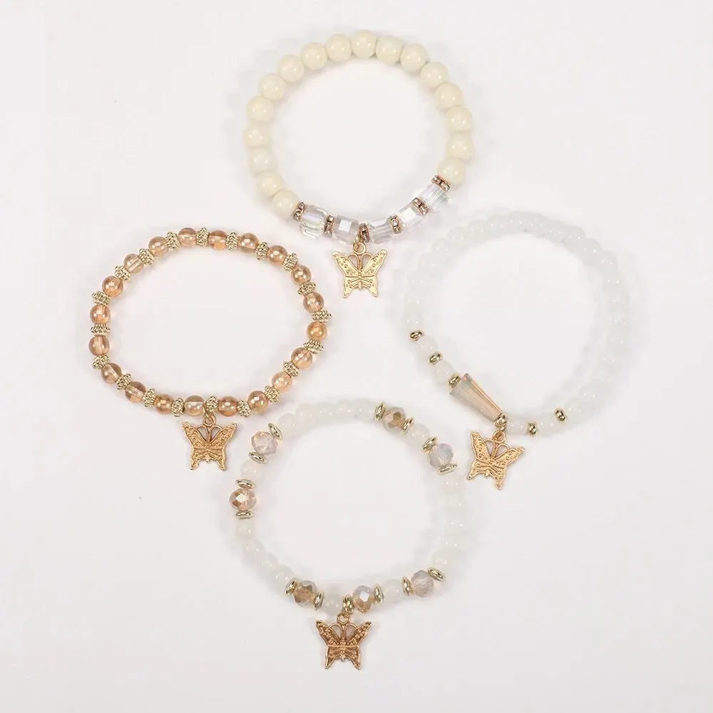 Bohemian Multi-Layer Butterfly Pendant Bracelet Hand-Beaded 4 Pieces/Set Artificial Crystal Glass Diamond Bracelet
