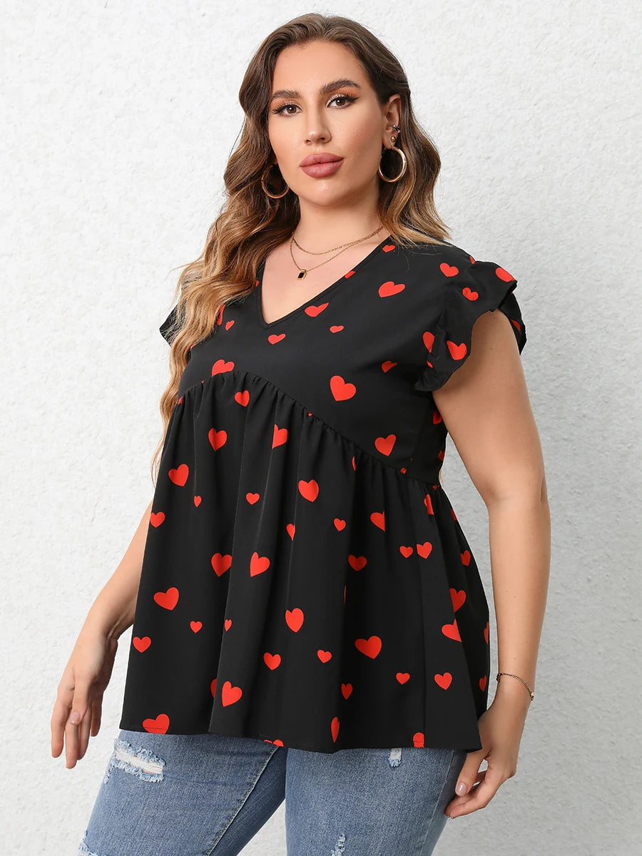 Plus Size Red Heart Print Blouse