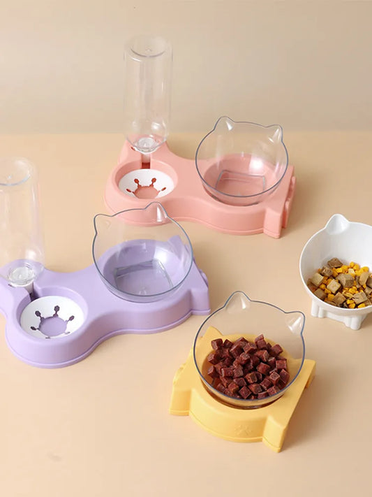 Pet Cat Food Bowl Automatic Feeder All-in-One Splice Dog Cat Food Bowl and Drinking Fountain Drinking Raised Standing Dish Bowl